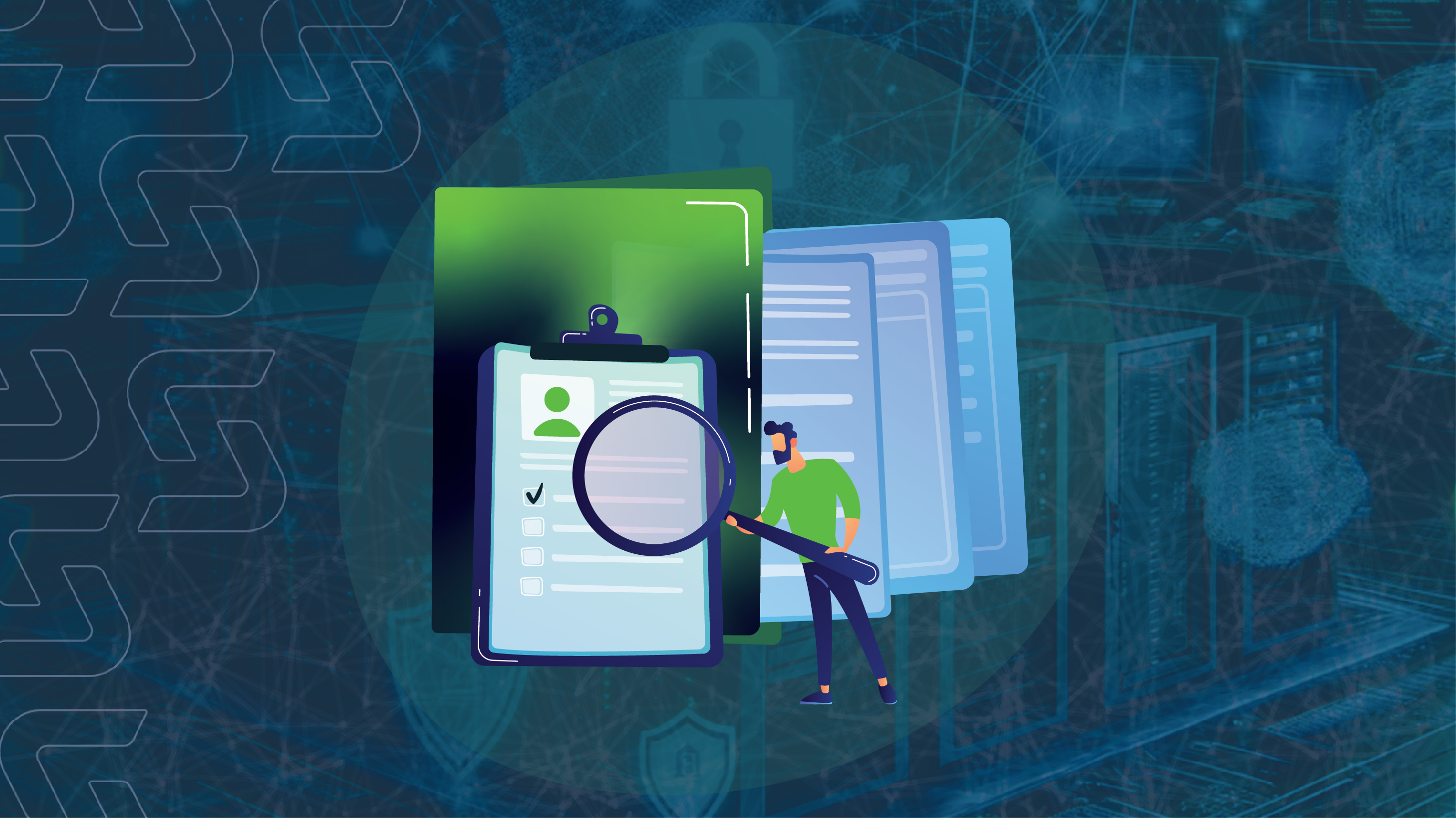 A Guide to Cybersecurity Documentation - Showing cyber security elements and documents elements. A man lookin in documents.