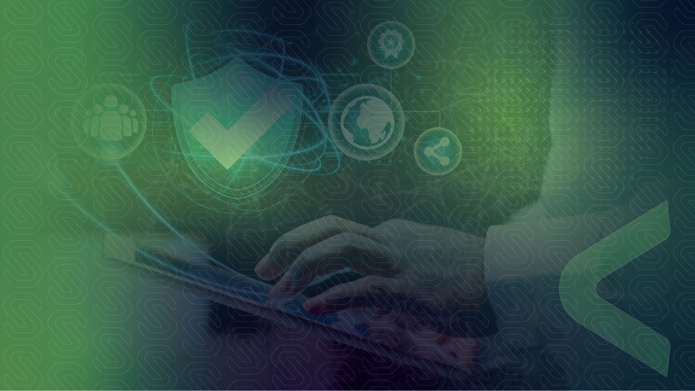 Cybersecurity concept image featuring a hand interacting with a digital interface, overlaid with security icons, including a shield with a checkmark, network symbols, and a globe. The green and blue color scheme represents digital protection and Attack Surface Management (ASM) technology.